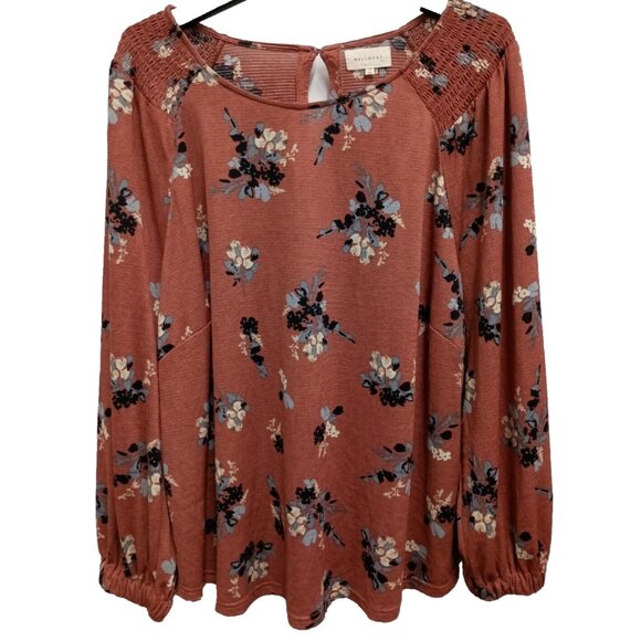 MELLODAY Tops - Melloday Womens BOHO Blouse Top Size 1X Rust Red Floral Smocked Long Sleeve
